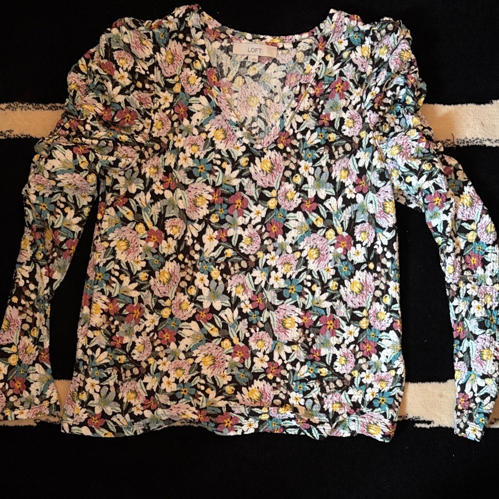LOFT Floral V-Neck Blouse - Black with Multicolor Flowers